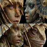 **black light elegant creative carnival deviant art, face, beautiful brown eyes, golden lizard skin, parasol, black background --s 750 --ar 4:3** - <@1128543579556565043> (relaxed)