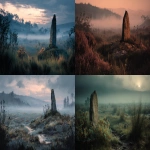 **an ancient monochronolith standing in a misty moor, glowing with ethereal runes, time-worn textures, twilight lighting --v 7.0 --ar 16:9 --p n9dh5n5** - <@1220222620444659733> (fast)