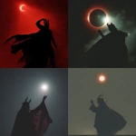 **A dark silhouette of the devil with red eyes, long hair, and horns on his head stands in front of an eclipse, holding up a black cape that is blowing back against him with one hand. A small ball of light shines above it, like moonlight, in the style of a 90s flash photo taken from a disposable camera.** - <@699706172105556009> (fast)