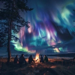 **A group of people camping out and sitting around a warm nightime campfire while enjoying the night sky that is lit up with a beautiful geomagnetic storm. --v 6.0** - Image #2 <@1051231894756401182>