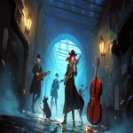 **Rats in suits and fedoras playing Jazz on vintage instruments in a dimly lit sewer, surrounded by mist and flickering lanterns; in the style with bold geometric shapes and expressive lines, blended with the cinematic noir and the moody atmospheric lighting, in stunning 32k resolution. Harlem Renaissance. --ar 16:9 --niji 6 --p 49k95ei** - Image #2 <@935178814189862912>