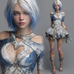 **3d concept art of a beautiful young woman with a blue and white bob hairstyle, wearing a battle-worn dress covered in spider webs, with a heart-shaped hole on her chest, looking directly at the viewer, gladiator heels, in a close-up view.** - Image #3 <@450898678975168513>