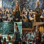 **a cool elegant and happy middle age female school teacher is giving a math class to a large group of pupils. in her classroom. she is smiling and standing in front of a blackboard where mathematical equations have been written on it with white chalk. The classroom is modern, brightly lit and warm. realism image, A hyper-realistic, highly detailed daytime scene, atmospheric lighting, volumetric lighting, rich in detail, Leica Q2, photography, high quality, --no blurry, low resolution, cartoonish, unrealistic reflections, distorted, low-poly, washed-out colors, artifacts, overexposed, watermark, --ar 16:9 --v 6.0** - <@1088739679458824253> (fast)