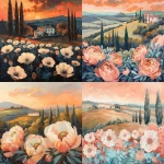 **A luminous Tuscan sunset landscape coral-orange sky glowing with one distinct light source. A villa rests on a distant hill framed by olive trees. In the foreground, large expressive flowers dominate, oversized petals overlapping the canvas edges, painted in coral and creamy whites. Their arcs guide the eye toward the villa. A whisper of turquoise rests in shaded leaves. Painterly texture with blurred edges in the distance, crisp highlights on the closest petals. Balanced golden ratio composition, resting place in a soft meadow, strong values that hold in black and white. --v 6.0** - <@1110395229338615829> (fast)
