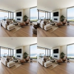 **ultra-realistic photograph of a coastal modern open floor plan living room in Manhattan Beach, California, warm oak wide plank hardwood floors, large black-framed windows with panoramic ocean and beach view, Restoration Hardware modern-inspired neutral palette, plush L-shaped sectional rotated so one side faces the ocean and the other faces a sleek TV above a limestone fireplace, layered grass cloth and Persian area rug, stone coffee table, leather lounge chair, wood rectangle couch table with lamp and fresh flowers and books on top, textured throw pillows, soft ambient natural daylight, sculptural chandelier, layered organic textures, styled for a luxury interior design Instagram post, straight-on wide-angle lens, full view of space including ocean view and TV wall, center fireplace, photorealistic details, depth, natural shadows --v 6.0 --raw --ar 13:10** - Zoom Out by <@1339375378858381312> (fast)