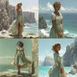 **a fantasy white girl with tanned olive skin and curls in dirty blond hair to her waist. She wears a tea length dress in soft sea foam green with cream color accents. She stands before a tall cliff by the sea and looks like a model. She should look drawn by an artist and realistic and perfect.** - <@1409384572613034007> (fast)