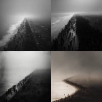 **An evocative and minimalist digital artwork, wide aerial shot, with a dark, monochromatic aesthetic, maintaining the style of the previous designs. The composition depicts a vast, dense crowd of silhouetted figures moving along a narrow strip of land, bordered by a muted, dark sea on one side and a barren, shadowy landscape on the other. The sheer number of individuals creates a sense of overwhelming displacement. The sky is overcast and a uniform dark tone, contributing to a feeling of somberness and uncertainty. The figures appear small and almost indistinguishable, emphasizing the scale of the exodus and their collective vulnerability. The scene evokes a powerful sense of forced migration and the loss of place, rendered with a stark and uncluttered visual style** - <@1032195406119043132> (fast)