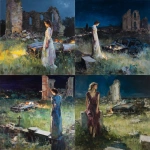 **The painting of a woman standing in a long dress at night in a meadow with church ruins, leaning against a tombstone with a cross, surrounded by broken walls, a burning old car, as if moving, was painted by Jenny Saville.** - <@1106776019475636345> (fast)
-# Create, explore, and organize on [midjourney.com](<https://midjourney.com/imagine?from_discord=1>)