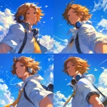 **A close-up portrait of Yosuke Hanamura from Persona 4, in a bright and cheerful summer atmosphere. under a warm sky filled with blue and white clouds. The lighting is golden and radiant, casting soft highlights on his face and hair. The background evokes a breezy summer day, enhancing the lighthearted and youthful vibe. Rendered in the style of Rella soft, clean lines, expressive features, and beautiful, luminous shading. Use warm tones throughout the composition, with a gentle glow and elegant color transitions. Focus on his gentle eyes and light brown hair moving slightly in the wind. Rella soft illustration style. --niji 6** - Variations (Strong) by <@762679659153850410> (fast, stealth)