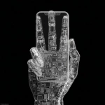 **iphone17, straight on, held by a semi-transparent robot hand made of coding lines --v 7.0** - Image #2 <@1048326817838280714>