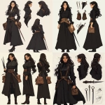 **A character design sheet of a woman in dark fantasy style by jack vettriano, featuring a dark long haired 1630 academy student inspired by lord of the rings, she has a belt with scissors and an alchemy bag** - Remix (Strong) by <@253178224090021890> (fast)