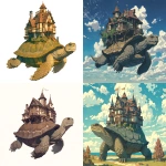 **giant tortoise floating through samsara with an elaborate house on its back, the house has a mansard roof, in the style of 2003 teen titans --ar 4:3 --stylize 200 --niji 7** - <@430059110969376778> (fast)