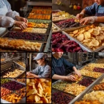 **work area with dried fruits machines - dried fruits band - zoomed in pic with the dried machine - with girl hands that cut and chop to slices mix some fruits-fresh and dried slices as well** - <@1175414652113530954> (fast)