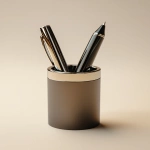 **Realistic close-up of a luxury pen set inside a minimalist metallic pen holder, isolated on a clean light beige background, camera facing at table level, soft shadows and reflections on the metal, high gloss texture, fully focused shot, --ar 4:5 --v 6.1 --quality 2 --raw** - Image #4 <@1145244586088861708>