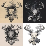 **skull tattoo design of an animal skull with antlers, the top half is filled in and shaded with swirling smoke or lightning. the bottom part shows two skulls, one normal deer skull, the other covered in black tattoos. --ar 9:16** - <@1038926751054696569> (fast)
-# Create, explore, and organize on [midjourney.com](<https://midjourney.com/imagine?from_discord=1>)