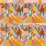 **A cute muslim woman (wears hijab) walking confidently against the crowd on a busy Shibuya-style pedestrian crossing, everyone else moving in the opposite direction. Illustration that portrays 'sense of courage and individuality'. minimalist stylish editorial chic, pastel flat colors, color blocking style mysterious elegant posture, pastel colourful tones, rough watercolor sketch, dreamy setting --sref <https://s.mj.run/6mQWYnkq1dA> <https://s.mj.run/1Mc9T3dUzCQ> --v 7.0 --ar 17:31** - Zoom Out by <@1101506216070479952> (fast)
