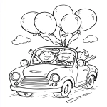 **Cute cartoon convertible car with balloons, happy passengers, simple shapes, thick bold outlines, low detail, black and white line art, no shading, kids coloring book --ar 9:11 --v 7.0** - Image #4 <@1056554354854854686>