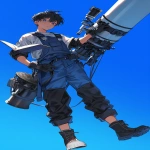 **Full-body illustration of a black-haired teenage character leaning against a giant telescope. He wears workwear overalls, gloves on his hands, and sturdy boots. Holding an open book, calm and thoughtful posture. Blue-toned color palette, quiet and contemplative atmosphere. Clean composition, soft lighting, subtle observatory or sci-fi feeling. Anime-style character illustration, refined and gentle mood, clear silhouette --ar 2:3 --niji 6** - Image #2 <@762679659153850410>