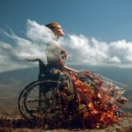 **Cosmography diaphanous double exposure featuring an avant-garde wheelchair disability accessible couture double exposure over a spellbinding natural landscape wind blowing wistfully --ar 4:5** - Image #1 <@948741381743083580>
