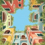 **a gouache painting of colorful houses, looking up at the sky from below, decorated with greenery arches, symmetrical design, minimalist art style, flat illustration, children's book drawing, simple details, pastel colors, vector graphic, flat, vector graphics, no shadows, white background, no gradient, bright color palette, high resolution, high detail. --ar 85:128** - Image #1 <@887290959732305930>