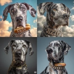 **Female great dane, with blue merle coat. Hyper realistic, next to a hotdog, wearing a diamond chain around her neck that spells out "Izzie" make her outside too, WIDE ANGLE SHOT** - <@1144379410347204758> (fast)
-# Create, explore, and organize on [midjourney.com](<https://midjourney.com/imagine?from_discord=1>)
