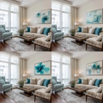 **interior design of a model unit showing the living area in french country style. walnut wood floor. light brown 3-seater sofa. teal, light blue and beige throw pillows. french provincial lounge chairs. sheer white curtains. artwork with teal still life painting, modern gray area rug, abstract painting in teal and white --v 7.0** - Variations (Region) by <@1231814052913877045> (fast)