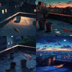 **The time is night, and on the large rooftop of an old apartment building, three or four empty buckets are rolling around, beautifully shining transparent reptile scales are scattered all over the place, and a beautifully shining bird feather is placed in the corner. Please do it in Ghibli animation style. --v 6.1 --ar 35:52** - <@1107492289116373013> (fast)