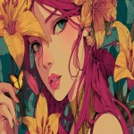 **An illustration with intense tones of a spring's goddess in 3/4 view holding a butterfly in her hand and wearing a lily in her hair, in colorfull and anime style. --v 7.0 --ar 16:9** - Image #1 <@1068240844349509652>