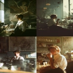 **a young teen boy as Ganymede. barista behind the bar, sipping caffe. open white shirt, apron, defined silhouette. morning lights. modern café shop interiour. classical mythological motifs, soft romantic athmospehere, cinematic photography. --ar 2:3** - <@358254535862648853> (fast)
