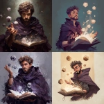 **a d&d character portrait depicting a young man with short brown curly hair, with realy short beard and brown eyes, wearing a dark purple cloak. he is throwing dice into the air from an open book he is holding, and his hands are glowing white as he casts magic. floating d20s surround him, in a fantasy art style painting. --ar 1:1** - <@568579821861339137> (fast)