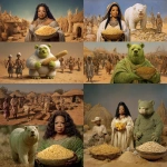 **Oprah Winfrey, holding corn, is a white midget woman, and into the rate of her is a green bear. Above the white woman is available, they are in Africa with sand, huts made of hay, and villagers** - Remix (Strong) by <@846201883139375114> (turbo)