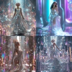 **Aspect ratio 9:16. A futuristic goddess of light stands in a radiant hall of crystal and mirrored glass. Her presence is divine and magnetic her gown made of flowing metallic fabric that ripples like liquid silver and glows with embedded galaxies. The dress sparkles with countless tiny gems, sequins, and holographic panels that catch beams of neon light as she moves. Her skin glows softly beneath layers of luminous fabric; her hair is a cascade of iridescent waves, refracting shades of sapphire, gold, and violet. She wears ornate gold-and-chrome jewelry glowing arm cuffs, layered neckpiece, and crown-like headpiece emitting delicate rays of light. The camera drifts slowly around her in 9:16 vertical frame, soft FPV dolly and orbit movement as glitter particles swirl through the air. The background shimmers with futuristic architecture suspended light pillars, holographic patterns, and drifting crystal dust. Lighting: radiant, cinematic, volumetric light shafts with shimmering glitter motes floating in slow motion. Color palette: platinum, rose gold, sapphire, amethyst, and ultraviolet. Mood: transcendent, glamorous, ethereal power. Style: high-fashion sci-fi divinity, maximalist sparkle, hyperreal beauty. Motion: graceful slow movement, shimmering reflections, light pulse synced to motion. --v 7.0** - <@692146423638261810> (fast)