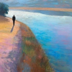 **rich pastel colors composition / of a man / walking on a path / near an expansive body of water** - Image #2 <@1080572898269466724>