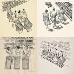 **Simple line drawing. 1950. Top view. Two women and a man each push their shopping cart through the aisles of a supermarket. On the shelves: bottled beer and canned goods. --ar 11:9** - <@427585336424661004> (relaxed)