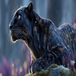 **An ultra-realistic, cinematic portrait of a majestic and powerful black panther character, the vigilant protector of his family. He is standing guard on a moss-covered rock overlooking a valley, his posture calm but intensely alert, muscles defined beneath his fur. In the soft-focused background, his younger sister and mother are visible, resting peacefully. His deep black fur is subtly infused with an intricate pattern of glowing, golden constellations and faint cyan bio-luminescent circuits that seem to pulse with a soft, protective energy. His intelligent eyes have a gentle, golden glow. The scene is set in a mystical, futuristic jungle at twilight, with glowing flora and beautiful bokeh in the background, hyper-detailed, ethereal lighting, shallow depth of field. --ar 16:9 --s 400 --raw** - Image #1 <@1154898485301227621>