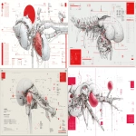 **futuristic anatomical diagram, cyber-biological elements, biomechanical fusion, cyber prosthetics inserts, minimal typography labels, clean layout inspired by old scientific atlases representing synthetic pancreas organ and cells, in the mood of Ghost in The Shell, transparents parts, digital illustration, red accents, white background, suitable for a magazine cover --ar 16:9** - <@153912116150140929> (fast)