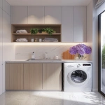 **modern apartment laundry room, one washing machine, sink, cabinets, light color palette, potted flowers, laundry products on shelves, clean and minimal design, bright natural light, cozy and organized, realistic, frontal view --v 6.0 --ar 4:5** - Image #4 <@1095141824018010255>