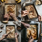 **Top-down view of banana bread batter in a loaf pan with thick cinnamon sugar swirl being dragged through the batter using a knife, visible layers and ribbons of cinnamon, rustic baking scene, soft daylight, hands in action, cozy homemade baking vibe --v 6.0 --ar 4:5 --raw** - <@1321895242076520463> (fast)