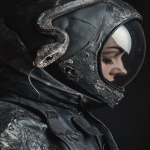 **Woman wearing a vintage worn out dark grey and black astronaut suit adorned with a lunar snake, on a black background. Extreme close-up of the lunar snake. Very shallow depth of field. --ar 2:3 --style raw --v 6.1** - Image #3 <@713916293115543613>