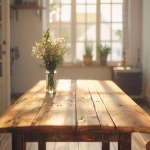 **A photorealistic empty wooden dining table near a window in a cozy farmhouse living room, soft natural sunlight, warm tones, neutral decor, shallow depth of field, NO objects or plants on the table and NO plants or vases, and no decor on the table, clean surface, realistic interior photography, DSLR look, 50mm lens --v 6.0 --chaos 2 --raw --ar 4:3** - Image #3 <@1090435486935433258>