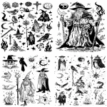 **flash sheet of surreal fantasy characters, wizard holding bird, mystical symbols like stars, moons, staffs, capes, and flame motifs, each with sketchy linework and fine black ink, single-needle tattoo style, whimsical and naive folk art aesthetic, loose imperfect hand-drawn lines, minimal shading, childlike whimsy, gothic elegance, inspired by Edward Gorey, Aubrey Beardsley, and medieval marginalia, zine-style black and white art, on clean white background --v 6.0 --ar 2:3 --raw** - <@1003554230545678376> (fast)