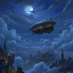 **digital art, fantasy art, D&D Eberron, airship flying over Sharn in the moonlight, cloudy night --v 7.0** - Image #3 <@882568318530232330>