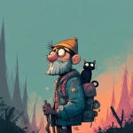 **<https://s.mj.run/RTecCqauTFQ> Reimagine this clean cartoon illustration in a painterly, atmospheric style. Use muted earthy tones blended with halloween colored pastels, textured brush strokes, and hazy gradients in the sky. Hiking through the forest with his cat. In the Pacific Northwest near the mountains during blue hour. Apply loose, expressive linework with subtle shading, crosshatching, and worn textures. Add depth and warmth through cinematic lighting and moody color grading. Expressions should remain exaggerated yet nuanced, balancing humor and melancholy within an atmospheric, storybook-like setting. Color Palette: 20% pastel periwinkle 40% pastel cotton candy 20% pastel sekura pink 10% pastel celadon 10% pastel black** - Image #4 <@757787837981786134>