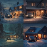 **Suburban driveway at dusk in winter, car parked with headlights on softly, delivery person handing over car keys to a smiling customer, snow falling gently, warm porch light glowing, cinematic photography, ultra-realistic, golden contrast lighting, 16:9** - <@1400990700140498988> (fast)