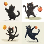 **A black cat is performing kicking a ball with one leg like a football kick, in a simple drawing style, with a flat illustration on a white background. The cartoon vector graphics feature simple lines and minimal details, showing the full body of the cute and funny-looking feline. The little feet of the furry black kitten have large claws that resemble kung fu hand movements as they dance. --ar 8:7 --v 6.0 --s 250** - <@756269320539209761> (fast)