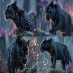 **An ultra-realistic, cinematic portrait of a majestic and powerful black panther character, the vigilant protector of his family. He is standing guard on a moss-covered rock overlooking a valley, his posture calm but intensely alert, muscles defined beneath his fur. In the soft-focused background, his younger sister and mother are visible, resting peacefully. His deep black fur is subtly infused with an intricate pattern of glowing, golden constellations and faint cyan bio-luminescent circuits that seem to pulse with a soft, protective energy. His intelligent eyes have a gentle, golden glow. The scene is set in a mystical, futuristic jungle at twilight, with glowing flora and beautiful bokeh in the background, hyper-detailed, ethereal lighting, shallow depth of field. --ar 16:9 --s 400 --raw** - <@1154898485301227621> (fast)