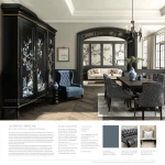 **"action": "image_generation", "action_input": "An ultra-high-definition interior design rendering of a luxurious living room and adjacent dining room, connected by an open archway or continuous wall treatment. The style is 'Modern Classic' with touches of Chinoiserie. The living room features the previously established design: dark wood wainscoting, charcoal grey upholstered wall panels, a classic tufted Chesterfield sofa in cream, a rectangular dark wood coffee table, and a blue velvet arm chair with dark wood frame. The room also has the black Chinoiserie cabinet with bird and floral motifs from the user's shop, placed strategically. Chinoiserie ginger jars are on a console table. The dining room continues the same wall paneling and flooring. It features a classic dark wood dining table with elegant, carved legs, surrounded by upholstered dining chairs in a subtle patterned fabric (e.g., damask or light brocade) that complements the blue and cream palette. A grand Chinoiserie buffet cabinet (similar to the user's tall cabinet with horsemen or the black floral one) is against one wall. A chandelier with a classic design hangs above the dining table. The camera angle should be a wide shot, showcasing both rooms, as if preparing for a slow, smooth camera pan that would highlight the continuity and elegance of the entire space. The lighting is warm and inviting."** - Image #4 <@1259916559262941226>