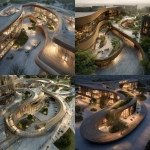 **conceptual architectural render of a public campus building, big installation, based on an organic, realistic, detailed, complex structure, curving floor plan layout emphasizing flowing, inclusive spaces with curved glass facades, warm wood textures, soft ambient lighting, landscaped open courtyards, integrated indoor-outdoor transitions, modern minimalist furniture high-resolution, aerial perspective, photorealistic style, rendered with soft shadows and realistic materials** - <@759292859500855326> (fast)