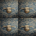 **<https://s.mj.run/BENSP7WwF18> a small size cow wearing sunglasses and gold jewelry in the center of an intricate, blue-patterned wallpaper, in the style of the renaissance. --ar 13:25 --iw 3** - Zoom Out by <@1103975769467789322> (relaxed)