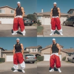 **A young handsome 30 year old very muscular buff white man with a white durag on his head dressed in a Y2K Cholo gangster style, wearing a black Pro Club t shirt and extremely baggy, extra-long, 3XL plain red and white Jordan basketball Y2K shorts. He is wearing Nike Air Force 1s standing in his driveway. --v 7.0** - Variations (Strong) by <@1061360796438900746> (fast)
